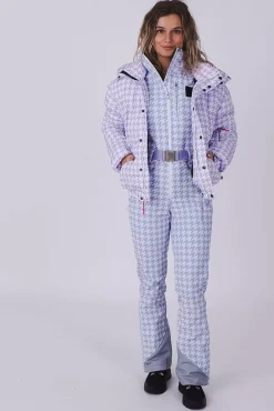 Purple Houndstooth Chic Puffer Jacket